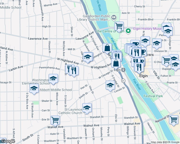 map of restaurants, bars, coffee shops, grocery stores, and more near 34 North Jackson Street in Elgin