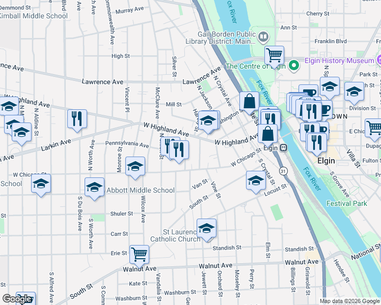 map of restaurants, bars, coffee shops, grocery stores, and more near 38 Woodland Avenue in Elgin
