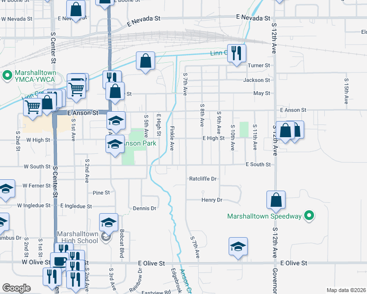 map of restaurants, bars, coffee shops, grocery stores, and more near 1000-1098 South 7th Avenue in Marshalltown