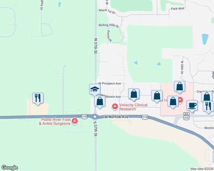 map of restaurants, bars, coffee shops, grocery stores, and more near 3501 Prospect Avenue in Norfolk