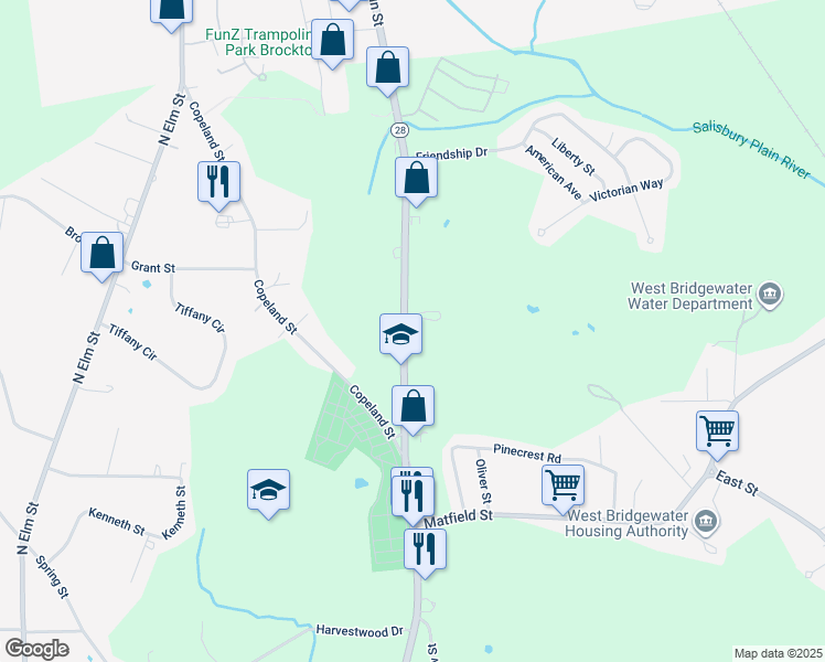map of restaurants, bars, coffee shops, grocery stores, and more near 679 North Main Street in West Bridgewater
