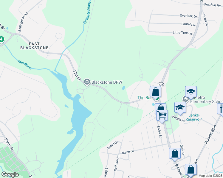 map of restaurants, bars, coffee shops, grocery stores, and more near 40 Elm Street in Blackstone
