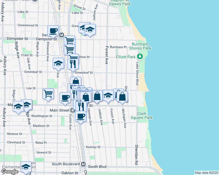 map of restaurants, bars, coffee shops, grocery stores, and more near 1005 Forest Avenue in Evanston