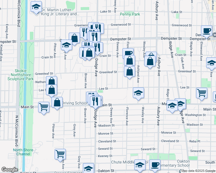 map of restaurants, bars, coffee shops, grocery stores, and more near 1727 Lee Street in Evanston