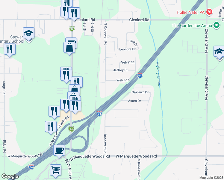 map of restaurants, bars, coffee shops, grocery stores, and more near 4521 North Roosevelt Road in Stevensville