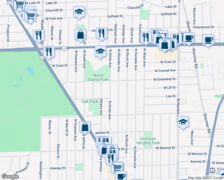 map of restaurants, bars, coffee shops, grocery stores, and more near 8527 North Oriole Avenue in Niles