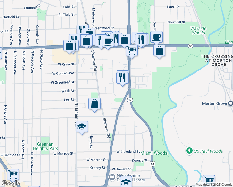 map of restaurants, bars, coffee shops, grocery stores, and more near 8521 North National Avenue in Niles