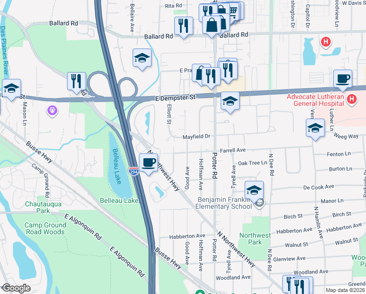 map of restaurants, bars, coffee shops, grocery stores, and more near 1606 Good Avenue in Park Ridge