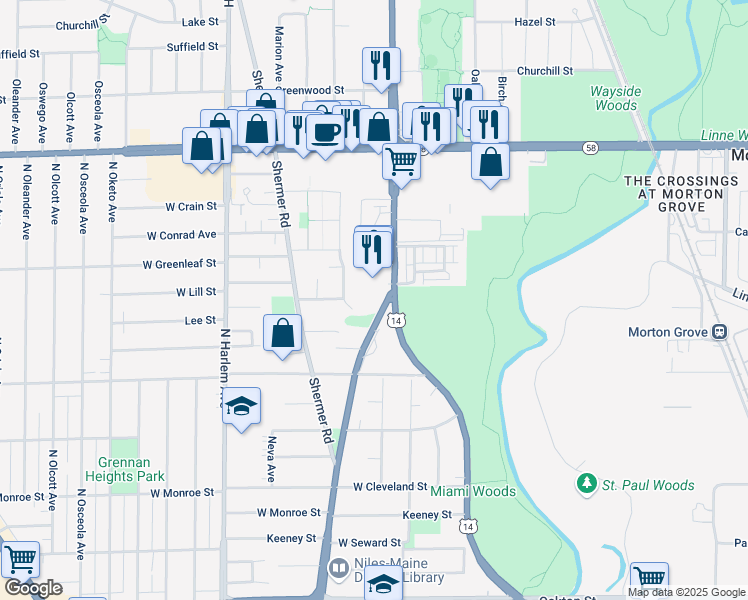 map of restaurants, bars, coffee shops, grocery stores, and more near 8506 North Waukegan Road in Morton Grove