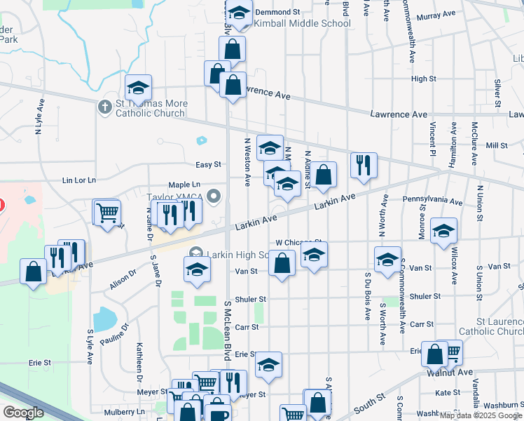 map of restaurants, bars, coffee shops, grocery stores, and more near 1230 Larkin Ave in Elgin