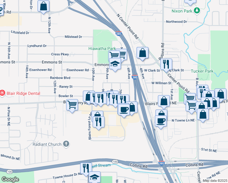 map of restaurants, bars, coffee shops, grocery stores, and more near 209 8th Ave in Hiawatha