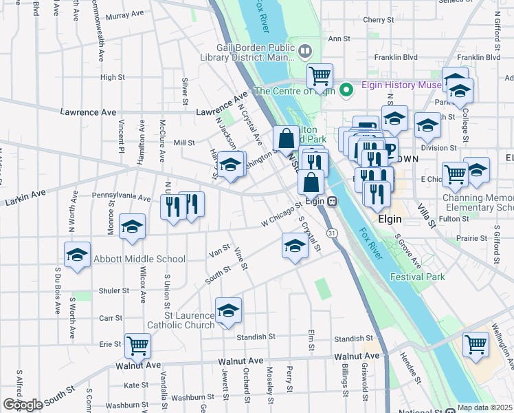 map of restaurants, bars, coffee shops, grocery stores, and more near 34 North Jackson Street in Elgin