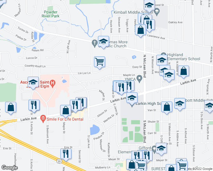 map of restaurants, bars, coffee shops, grocery stores, and more near 50 North Jane Drive in Elgin