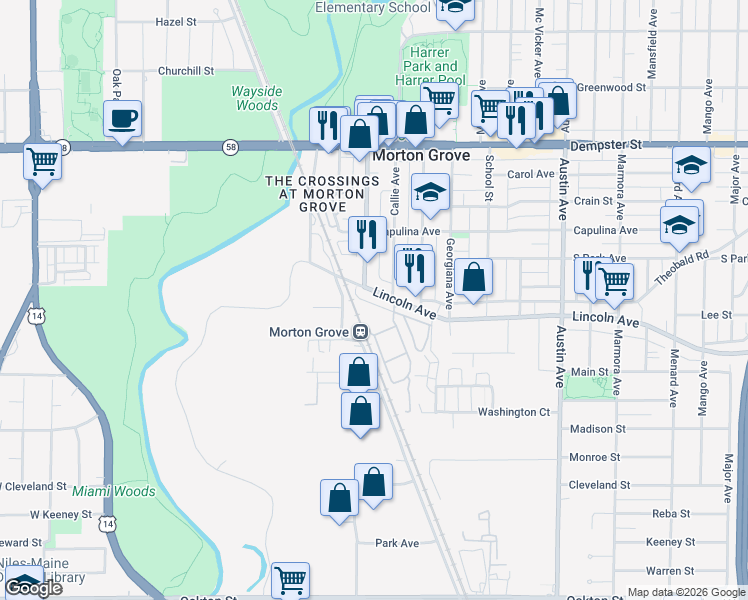 map of restaurants, bars, coffee shops, grocery stores, and more near 6315 Lincoln Avenue in Morton Grove