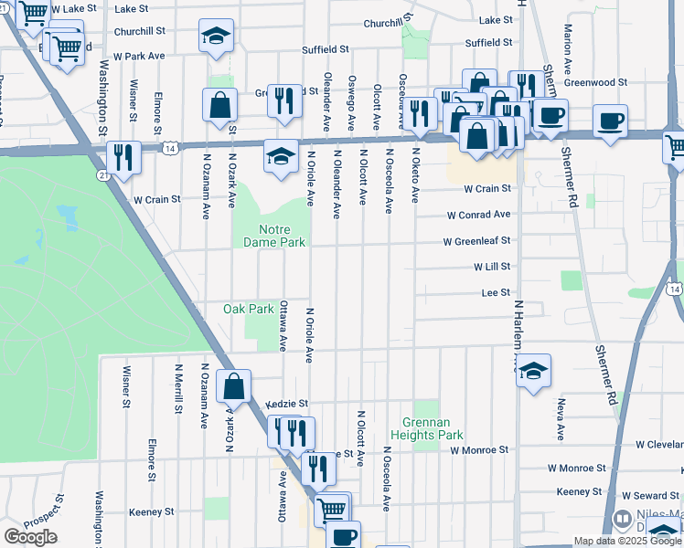map of restaurants, bars, coffee shops, grocery stores, and more near 8527 North Oleander Avenue in Niles