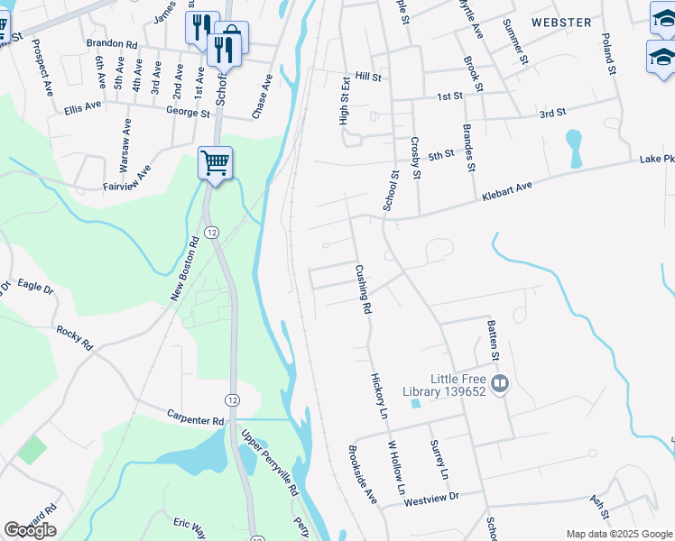 map of restaurants, bars, coffee shops, grocery stores, and more near 7 Sears Avenue in Webster