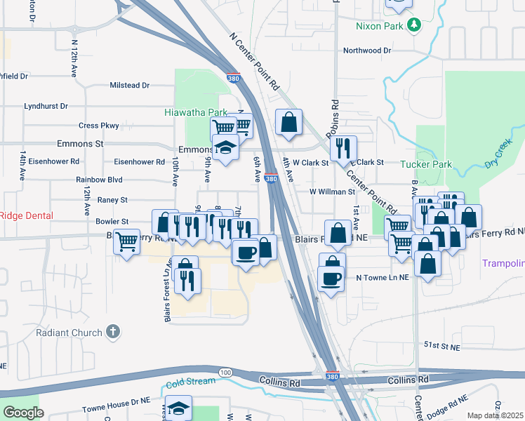 map of restaurants, bars, coffee shops, grocery stores, and more near 209 6th Avenue in Hiawatha