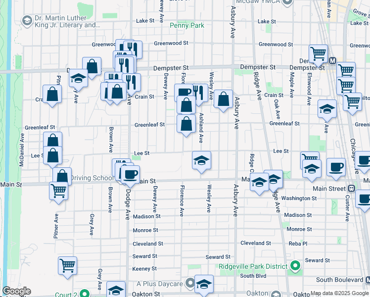 map of restaurants, bars, coffee shops, grocery stores, and more near 1527 Lee Street in Evanston