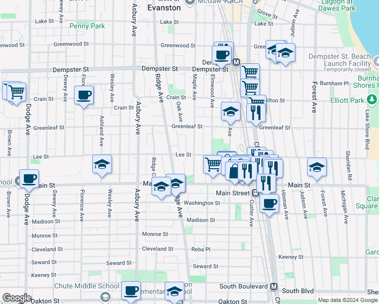 map of restaurants, bars, coffee shops, grocery stores, and more near 1000 Maple Ave in Evanston