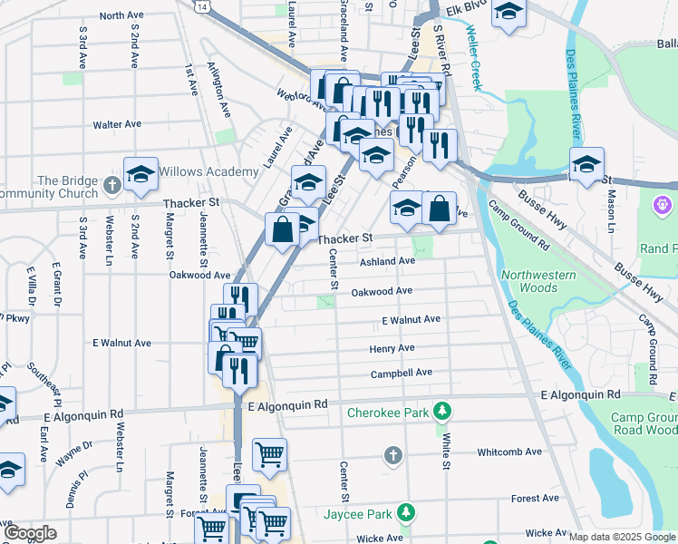 map of restaurants, bars, coffee shops, grocery stores, and more near 1405 Ashland Avenue in Des Plaines