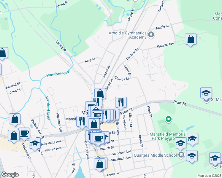 map of restaurants, bars, coffee shops, grocery stores, and more near 29 Oakland Street in Mansfield