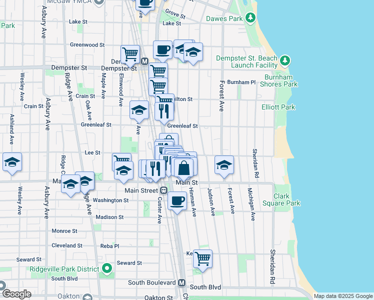 map of restaurants, bars, coffee shops, grocery stores, and more near 1003 Hinman Avenue in Evanston