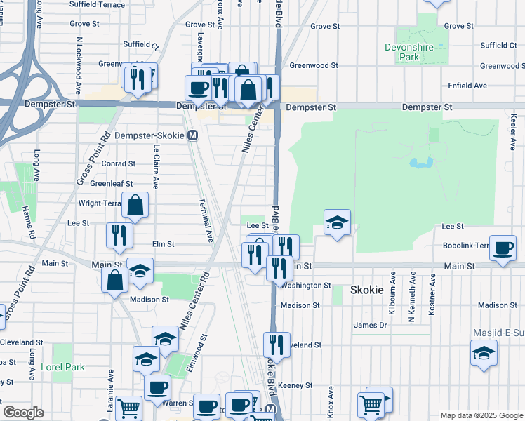 map of restaurants, bars, coffee shops, grocery stores, and more near 4831 Wright Terrace in Skokie