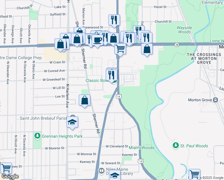 map of restaurants, bars, coffee shops, grocery stores, and more near 8506 North Waukegan Road in Morton Grove