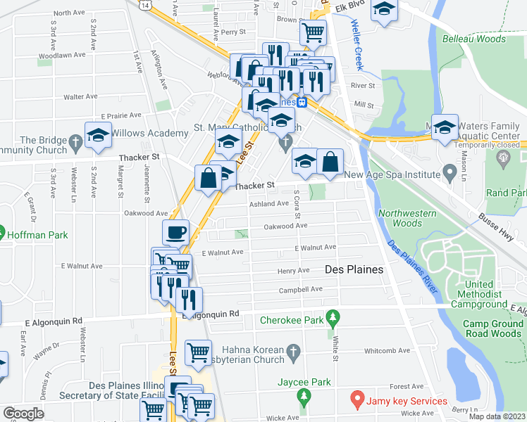 map of restaurants, bars, coffee shops, grocery stores, and more near 1405 Ashland Avenue in Des Plaines