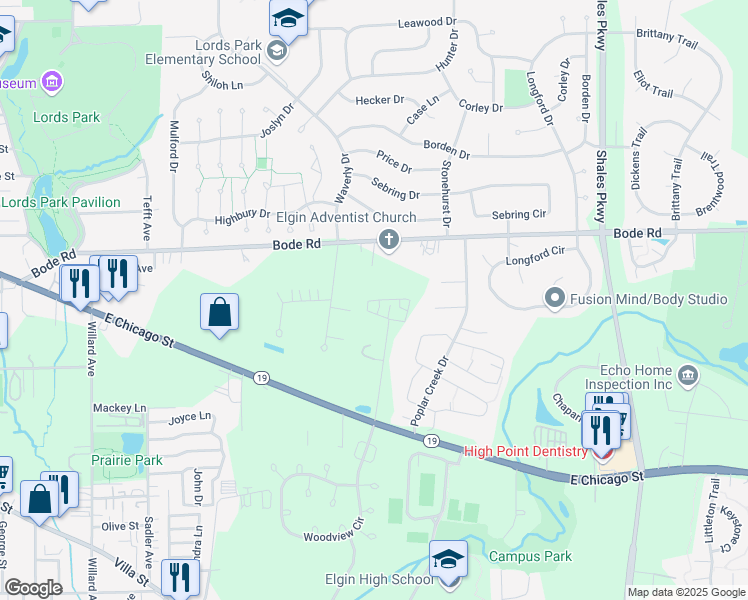 map of restaurants, bars, coffee shops, grocery stores, and more near 1123 Ash Drive in Elgin