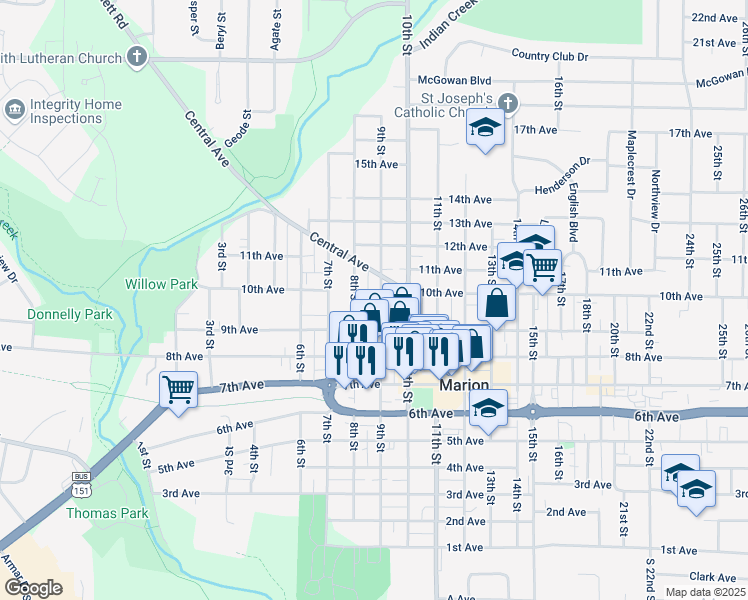 map of restaurants, bars, coffee shops, grocery stores, and more near 998 9th Street in Marion