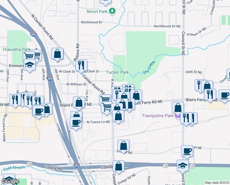 map of restaurants, bars, coffee shops, grocery stores, and more near 301 B Avenue in Hiawatha