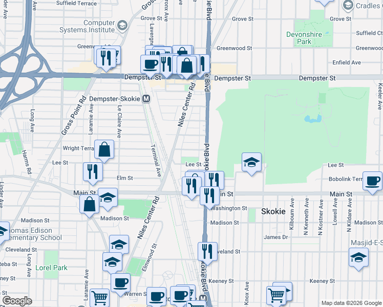 map of restaurants, bars, coffee shops, grocery stores, and more near 4831 Wright Terrace in Skokie