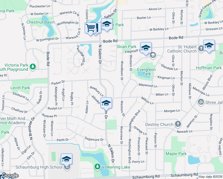 map of restaurants, bars, coffee shops, grocery stores, and more near 503 North Salem Drive in Schaumburg