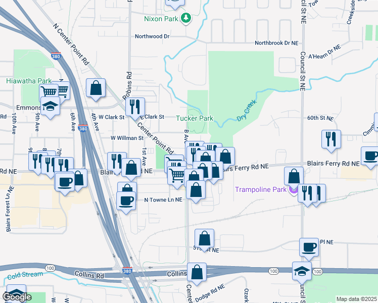 map of restaurants, bars, coffee shops, grocery stores, and more near 301 B Avenue in Hiawatha