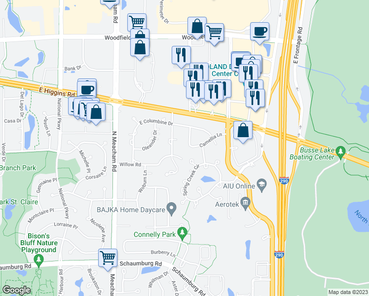 map of restaurants, bars, coffee shops, grocery stores, and more near 400 Buttercup Lane in Schaumburg