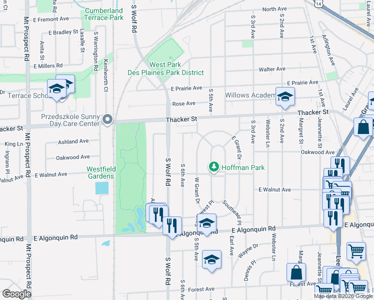 map of restaurants, bars, coffee shops, grocery stores, and more near 915 South 6th Avenue in Des Plaines