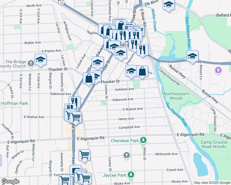 map of restaurants, bars, coffee shops, grocery stores, and more near 1457 Ashland Avenue in Des Plaines