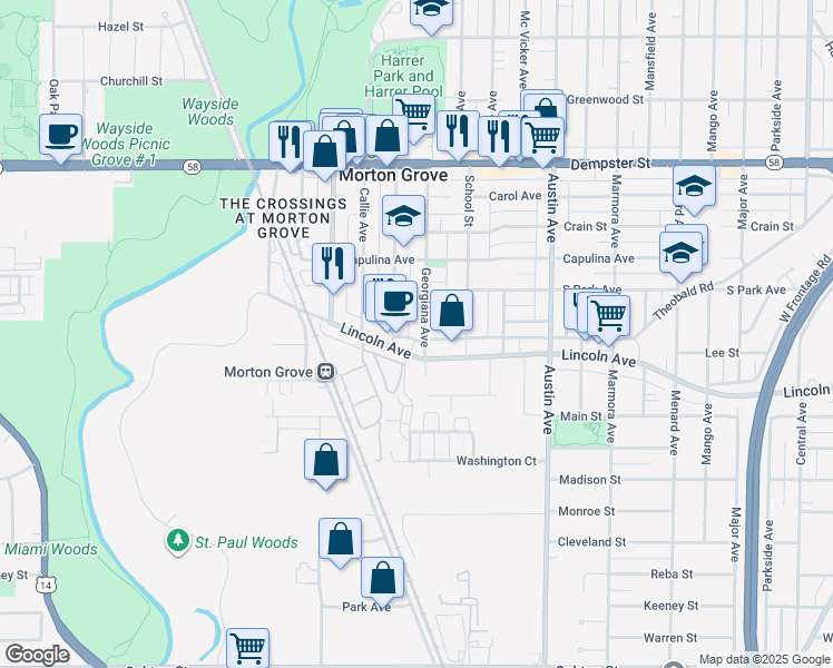 map of restaurants, bars, coffee shops, grocery stores, and more near 8514 Georgiana Avenue in Morton Grove