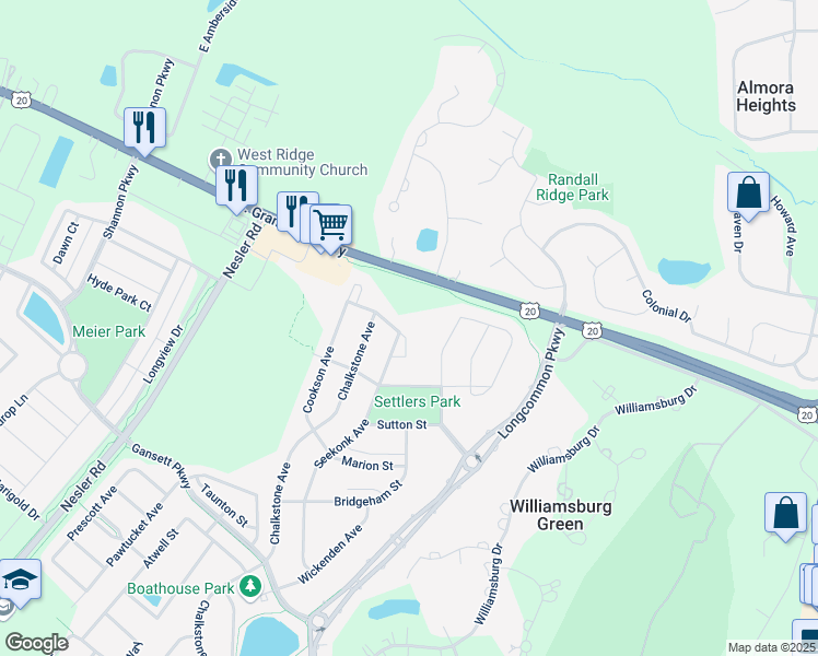 map of restaurants, bars, coffee shops, grocery stores, and more near 3019 Seekonk Avenue in Elgin