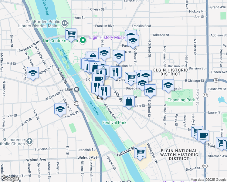 map of restaurants, bars, coffee shops, grocery stores, and more near 56 Villa Street in Elgin