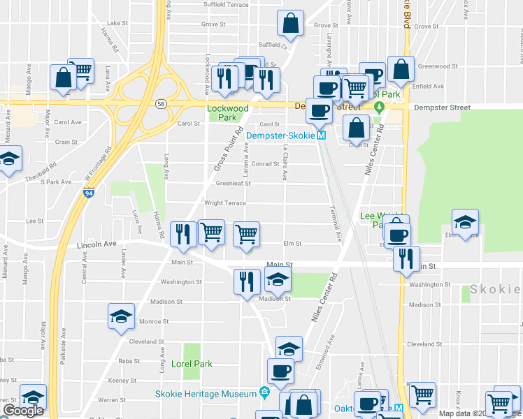map of restaurants, bars, coffee shops, grocery stores, and more near 5135 Wright Terrace in Skokie