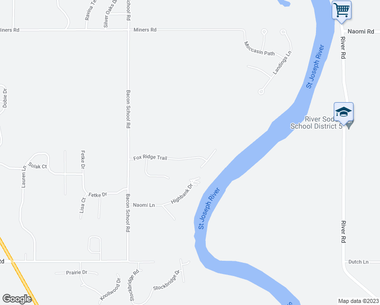 map of restaurants, bars, coffee shops, grocery stores, and more near 1825 Fox Ridge Trail in St. Joseph