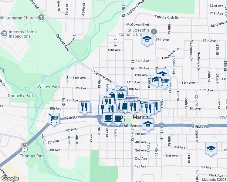 map of restaurants, bars, coffee shops, grocery stores, and more near 998 9th Street in Marion