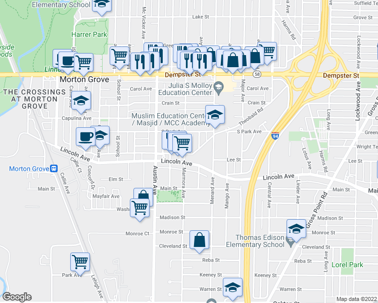 map of restaurants, bars, coffee shops, grocery stores, and more near 8507 Marmora Avenue in Morton Grove