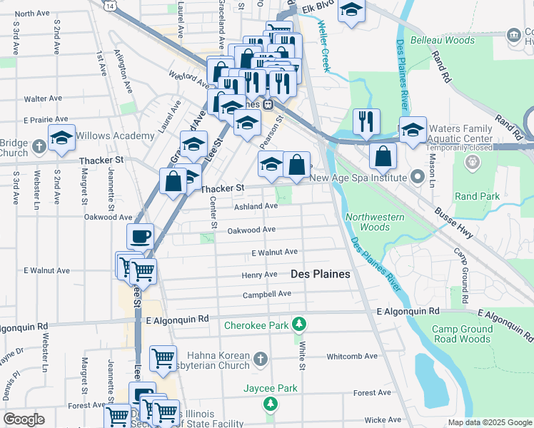 map of restaurants, bars, coffee shops, grocery stores, and more near 969 South Cora Street in Des Plaines