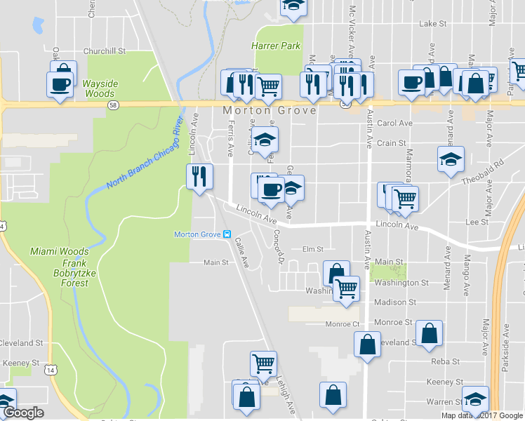 map of restaurants, bars, coffee shops, grocery stores, and more near 6238 Lincoln Avenue in Morton Grove