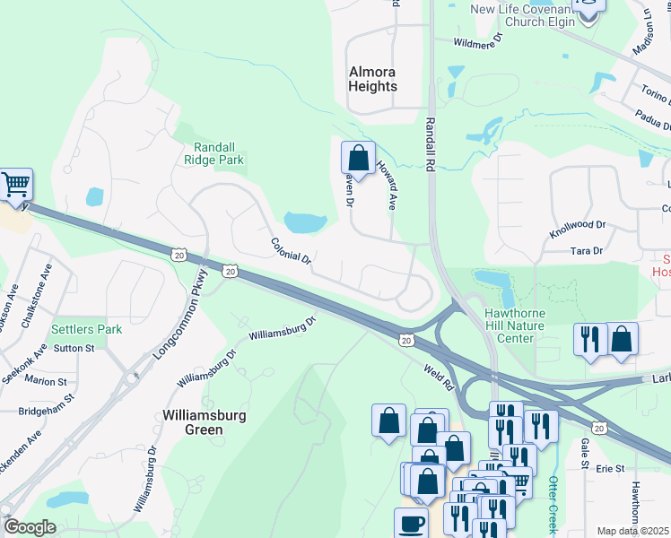 map of restaurants, bars, coffee shops, grocery stores, and more near 2714 Sterling Court in Elgin