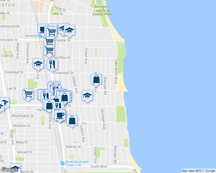 map of restaurants, bars, coffee shops, grocery stores, and more near 1011 Sheridan Road in Evanston