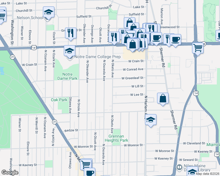 map of restaurants, bars, coffee shops, grocery stores, and more near 8526 North Oketo Avenue in Niles